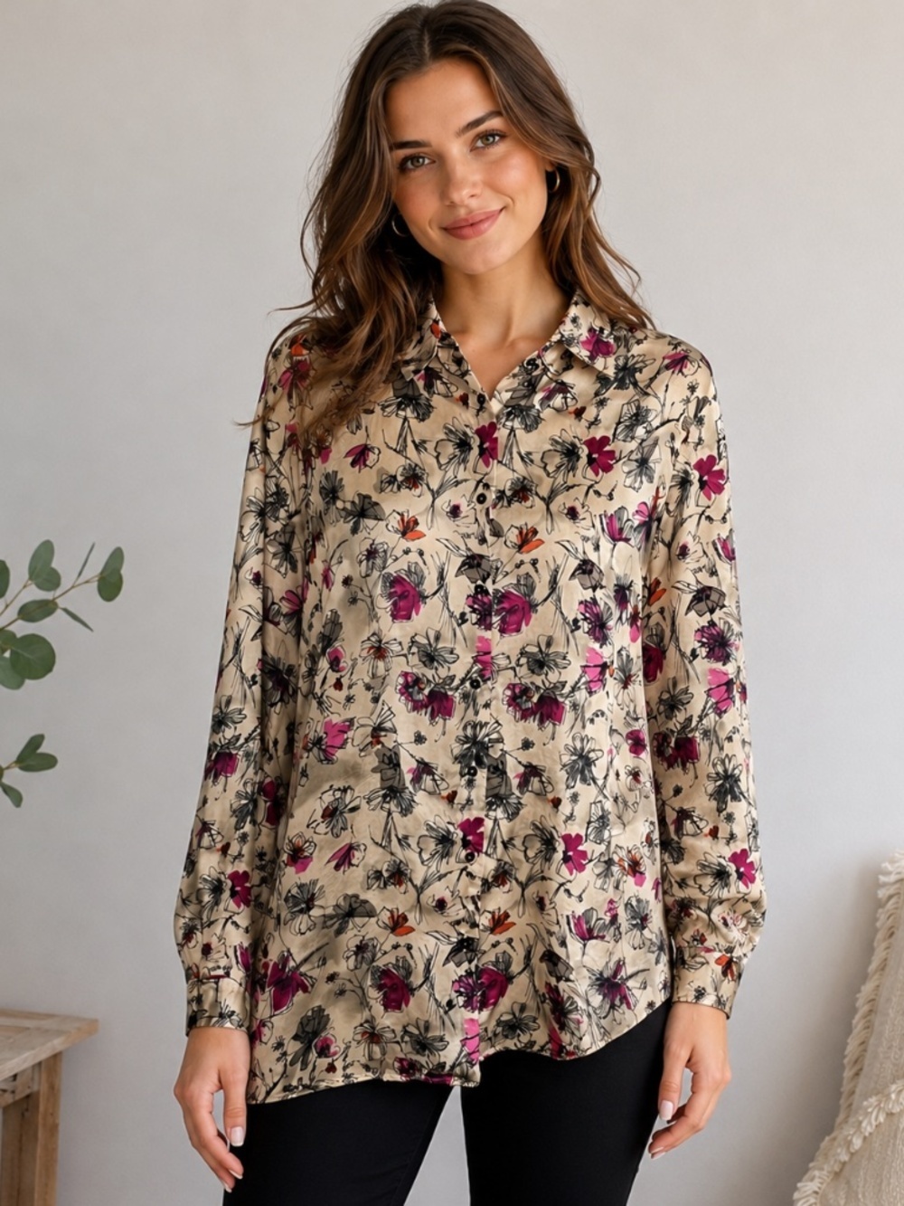 Marina Rinaldi Size 14 Floral Bridget Top Button Down Shirt Beige Pink Satiny